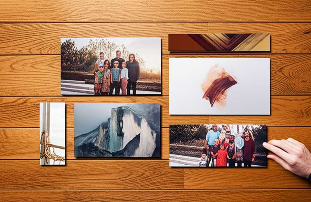 An overhead shot of several different-sized metal prints laid out on a hardwood floor, being arranged into a gallery wall configuration before hanging.
