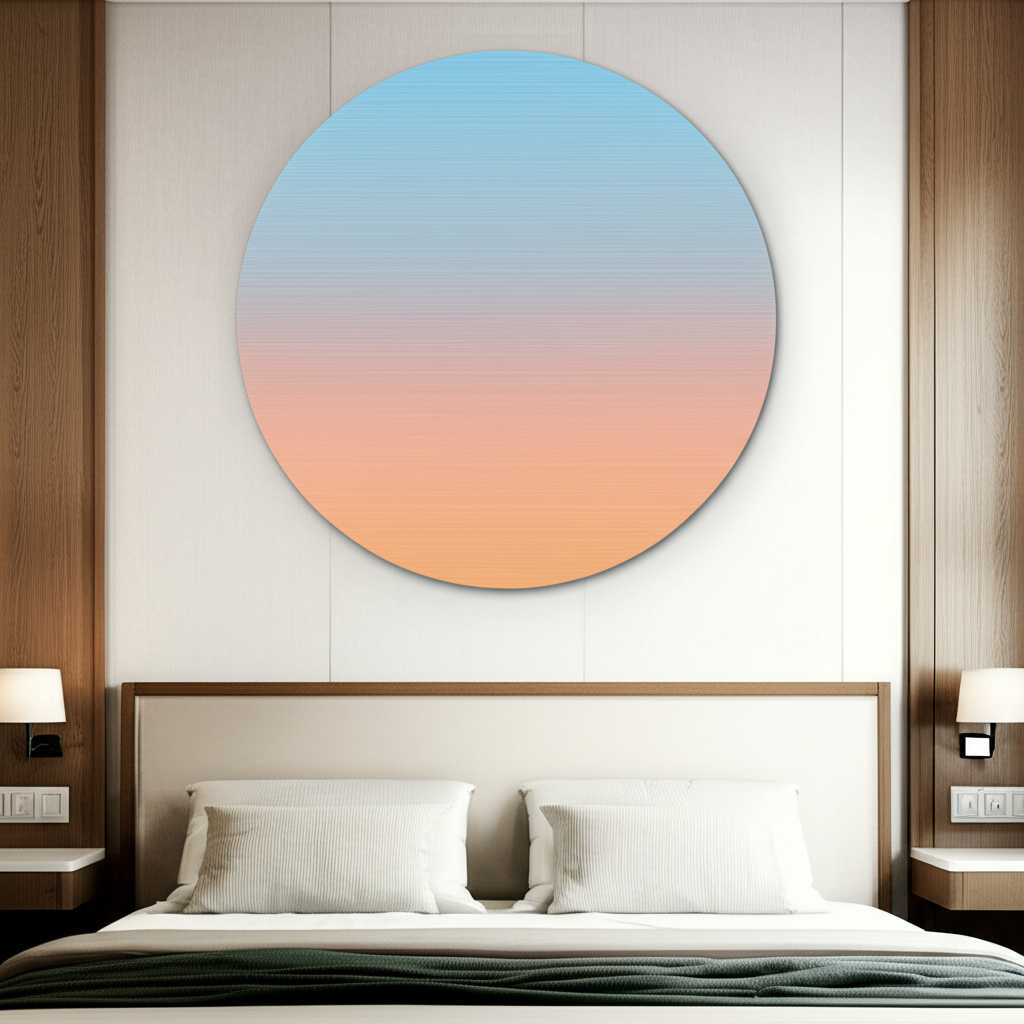 A serene and modern bedroom with a large metal print of a simple, soft-gradient circle hanging above the bed. The room is tidy, with neutral-colored linens and simple wooden furniture.
