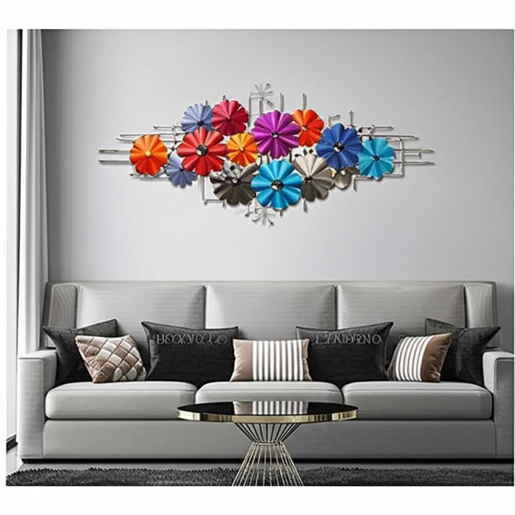 A beautifully decorated living room where a large metal art piece is perfectly centered above a sofa, drawing the eye and anchoring the space.