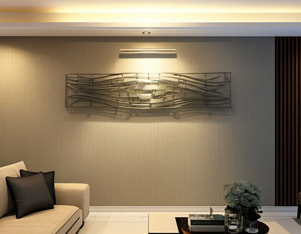 A metal art piece in a living room, cleverly illuminated by an adjustable picture light, enhancing its colors and textures.