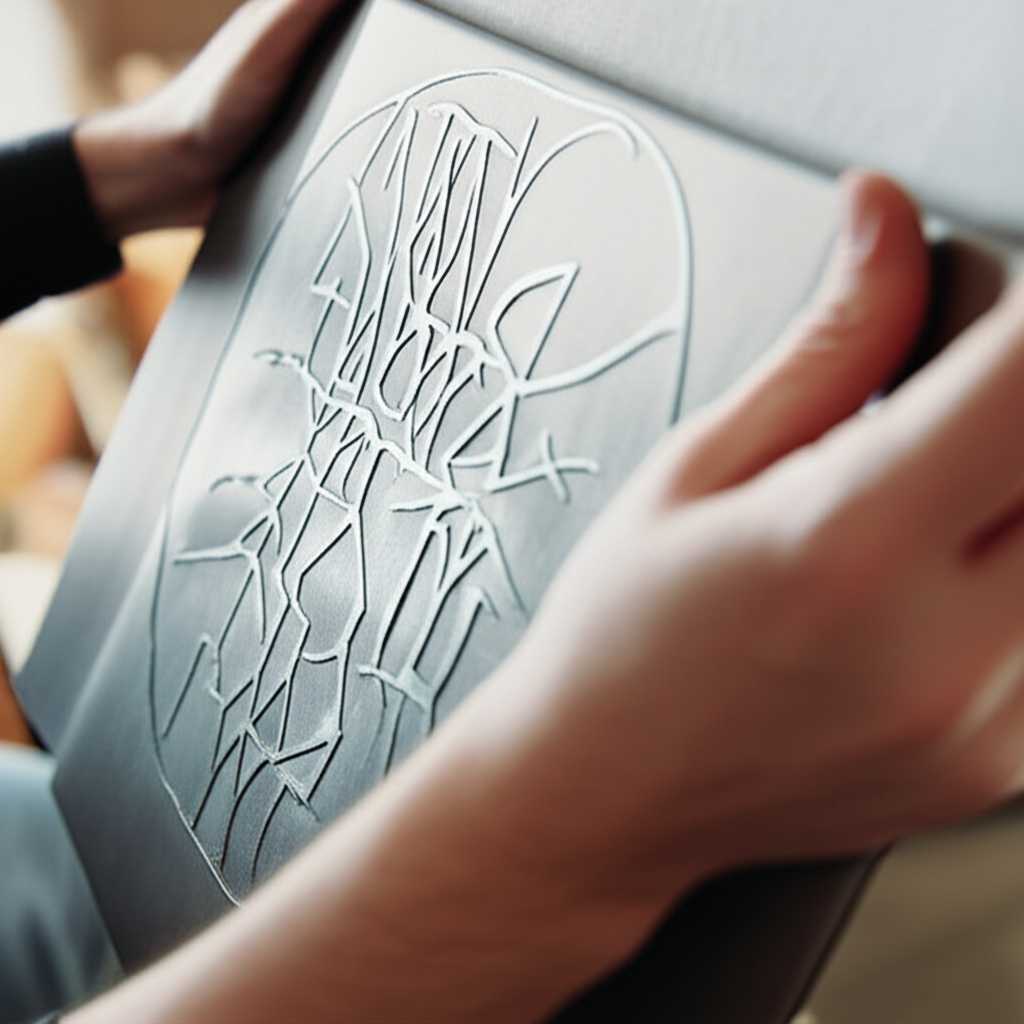Conceptual close-up of hands easily and precisely placing a generic, sleek metal art panel onto a wall using an unseen (implied magnetic or simple modern) mounting system. The art appears to float slightly off the wall.