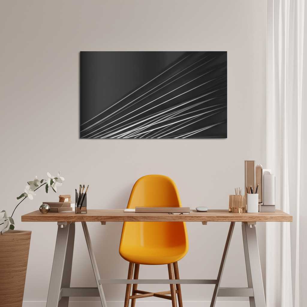 Modern home office with an inspiring abstract or cityscape metal print