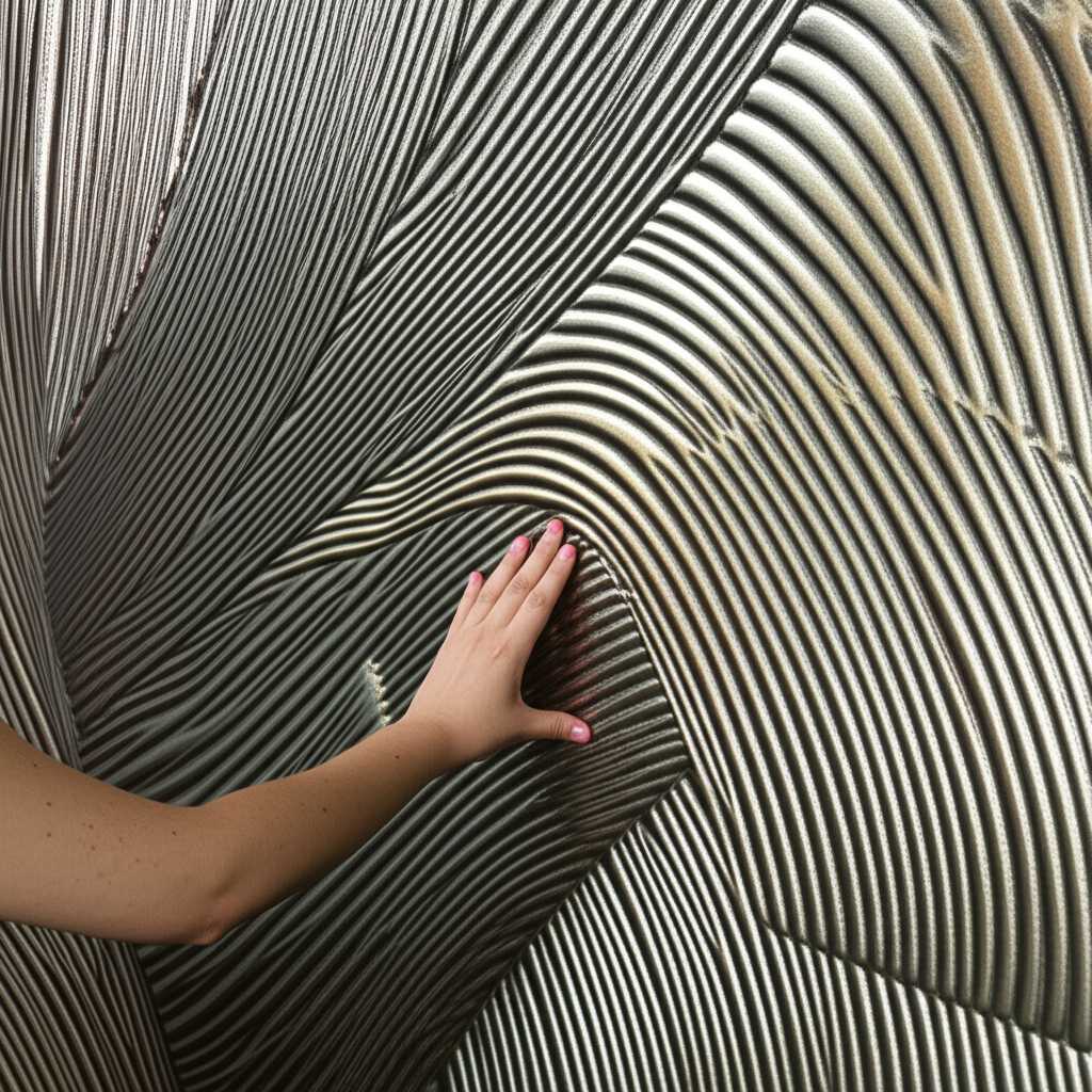 A close-up of a person thoughtfully observing a textured abstract metal art piece, with colors swirling across its surface under gallery-style lighting