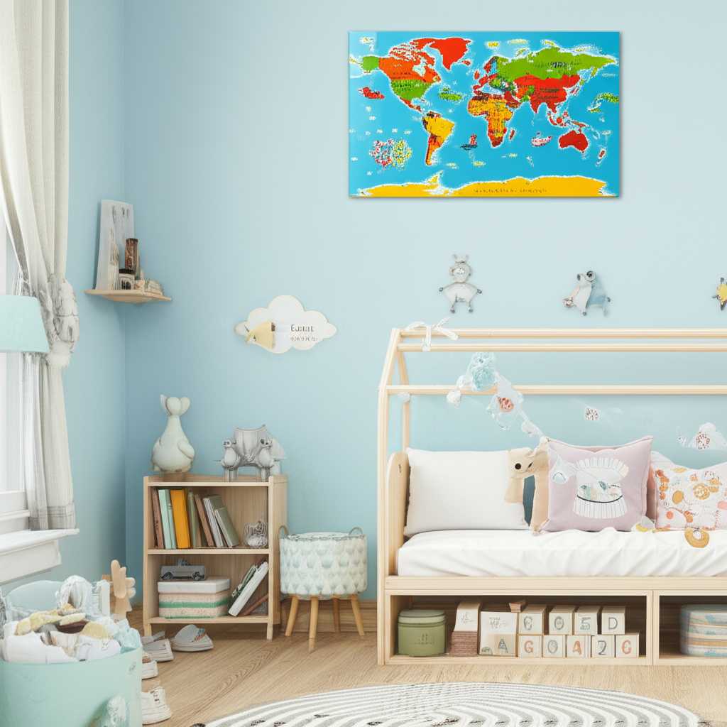 A colorful and educational metal print featuring a stylized map of the world hung safely and securely on a child's bedroom wall, well out of reach.