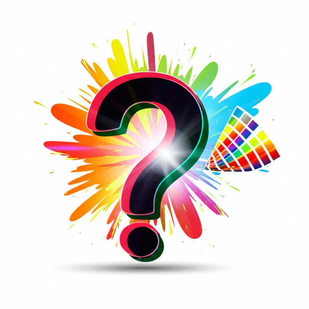 Stylized graphic with question marks and abstract art elements