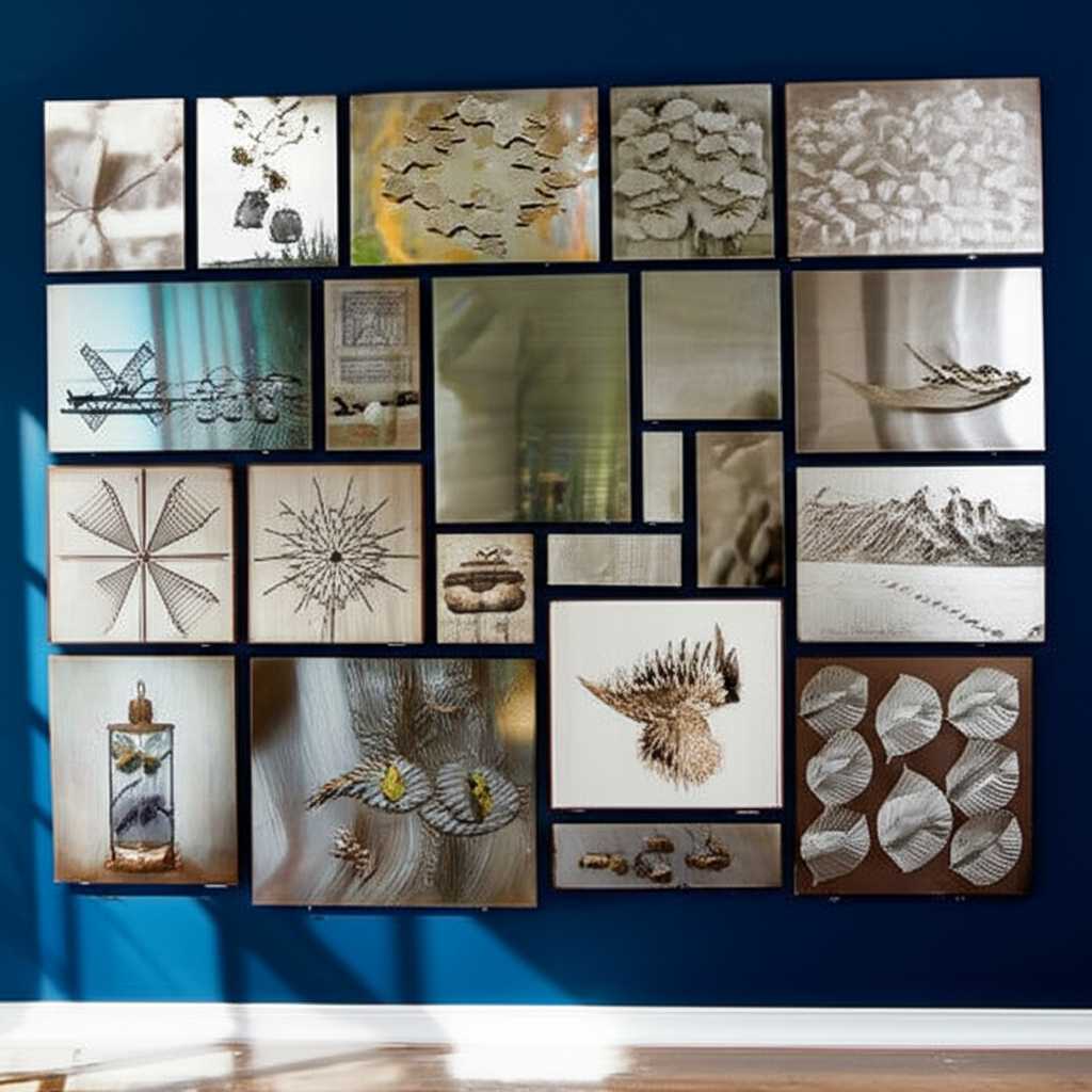 A dynamic salon-style gallery wall featuring various sizes of metal prints with different finishes—some glossy, some textured—creating a rich visual tapestry.