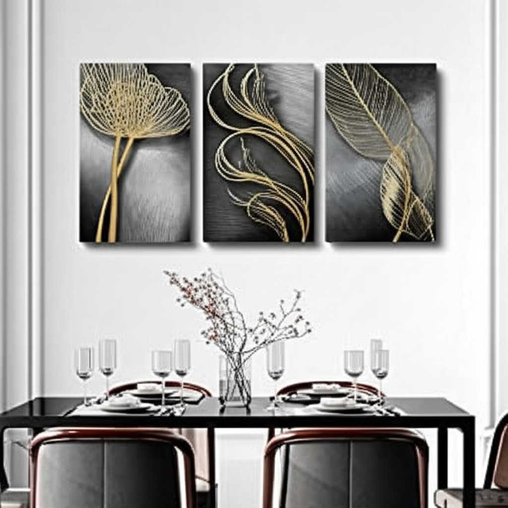 An elegant dining room with a series of complementary metal art prints creating a sophisticated atmosphere.
