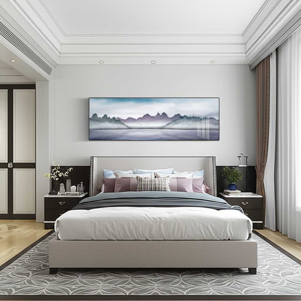 A peaceful bedroom at dawn. A large metal print depicting a misty, abstract landscape in cool tones hangs above the bed.