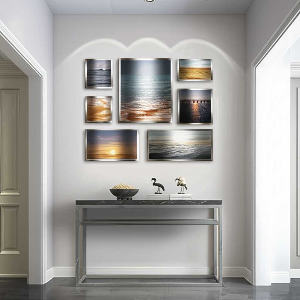 A well-composed gallery wall of various sized metal prints (generic abstract and landscape images) above a console table in a stylish hallway.