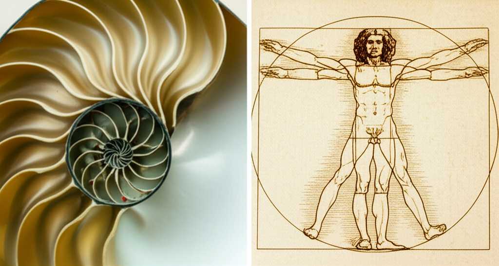 A split image showing the Golden Ratio in nature and art. The left side features a detailed close-up of a nautilus shell, its perfect spiral highlighted. The right side shows Da Vinci's "Vitruvian Man" with geometric overlays illustrating the Golden Ratio in human proportions.