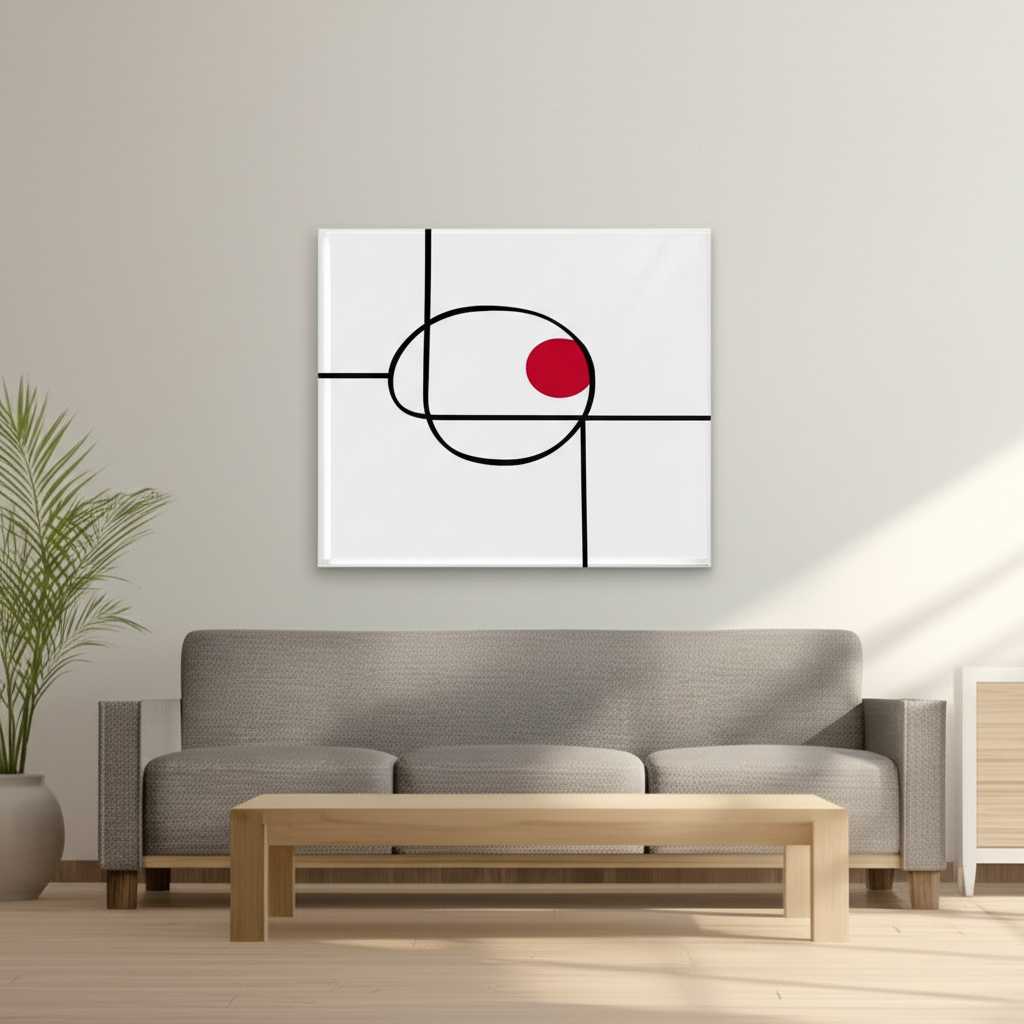 A breathtaking minimalist living room with high ceilings and a large window letting in soft, natural light, focusing on a single, large abstract metal art piece with geometric lines and a glossy finish hanging above a sleek, low-profile sofa.