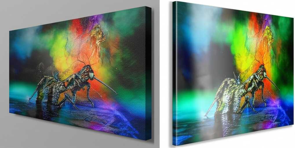 A split-screen image comparing a canvas print to a metal print. The canvas side shows a slightly muted, textured fabric surface. The metal print side shows the same image with incredibly vibrant colors and a smooth, glossy finish reflecting light.