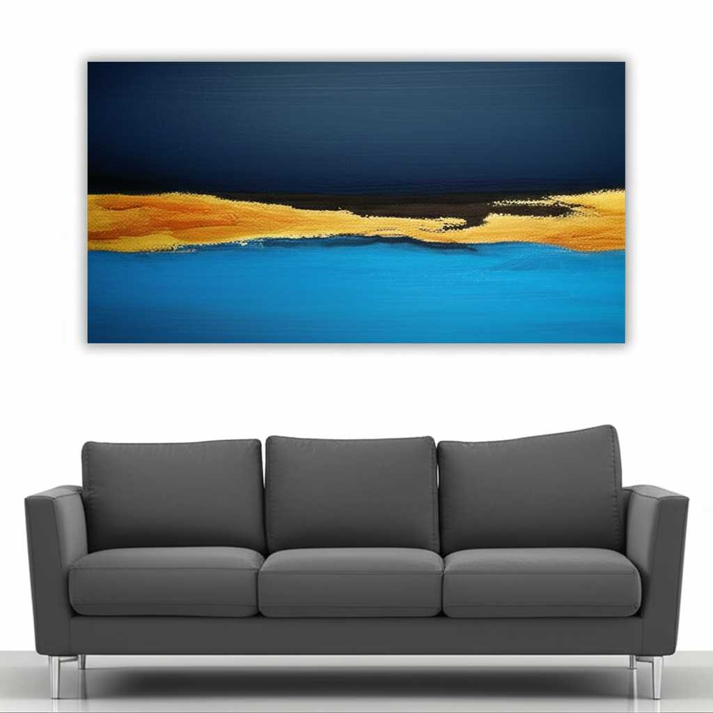 A perfectly arranged living room with a metal art print hung correctly above a sofa, demonstrating ideal spacing and visual cohesion.