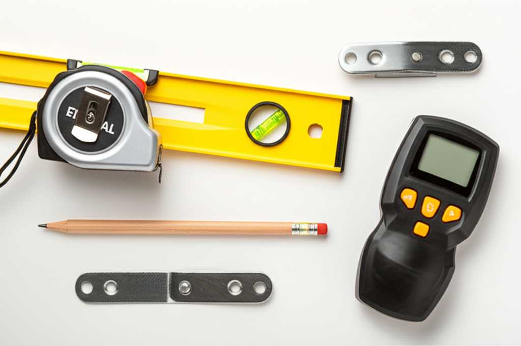 An illustrative image showing various tools for hanging art – a level, measuring tape, pencil, stud finder, and a conceptual representation of a generic float mount hardware piece.