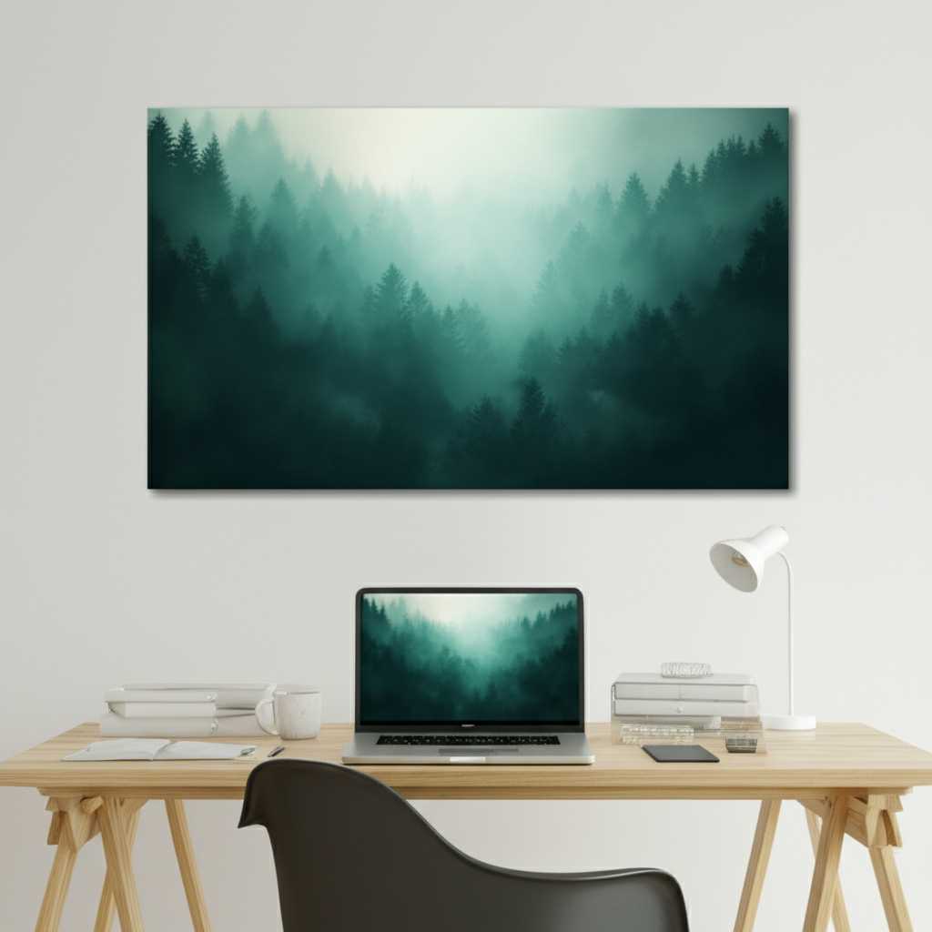 A serene and organized home office with a large metal print of a tranquil, misty forest in shades of green and blue, hung on the wall behind the desk.