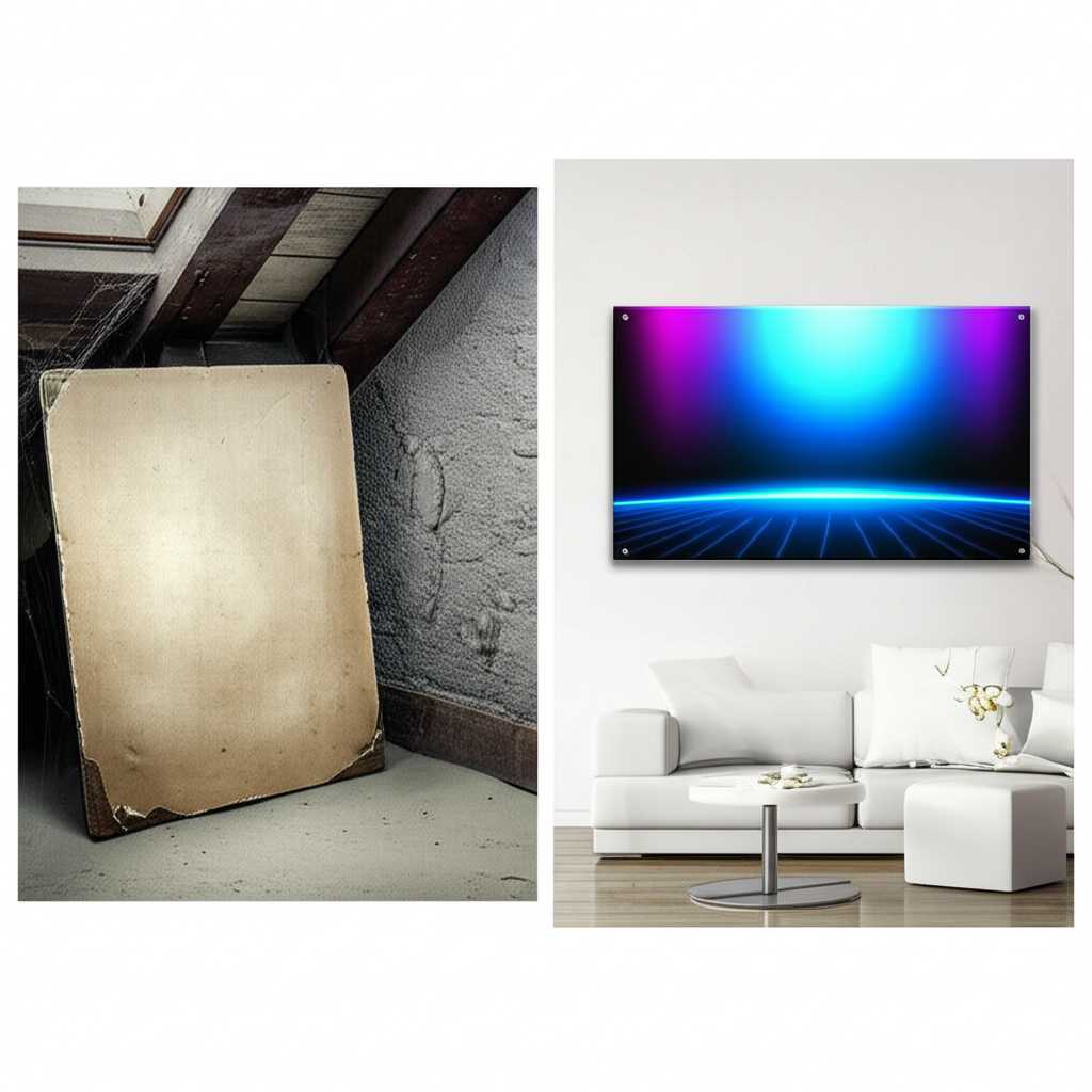Diptych: one panel a weathered, faded old canvas in a dusty attic; the other a pristine, vibrant metal print gleaming in a bright, modern room.