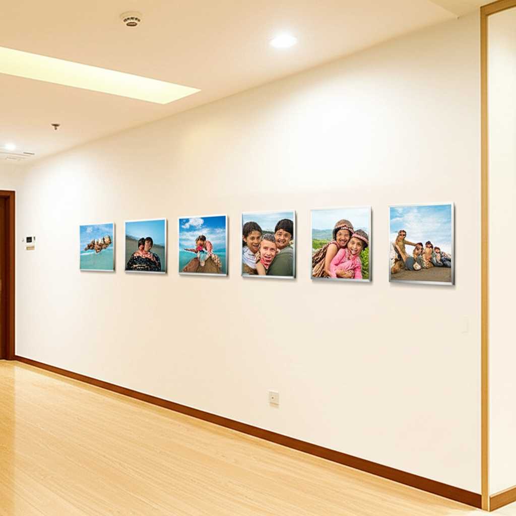 A long hallway transformed into a personal gallery with a series of perfectly spaced, uniformly sized metal photo prints of family travels.