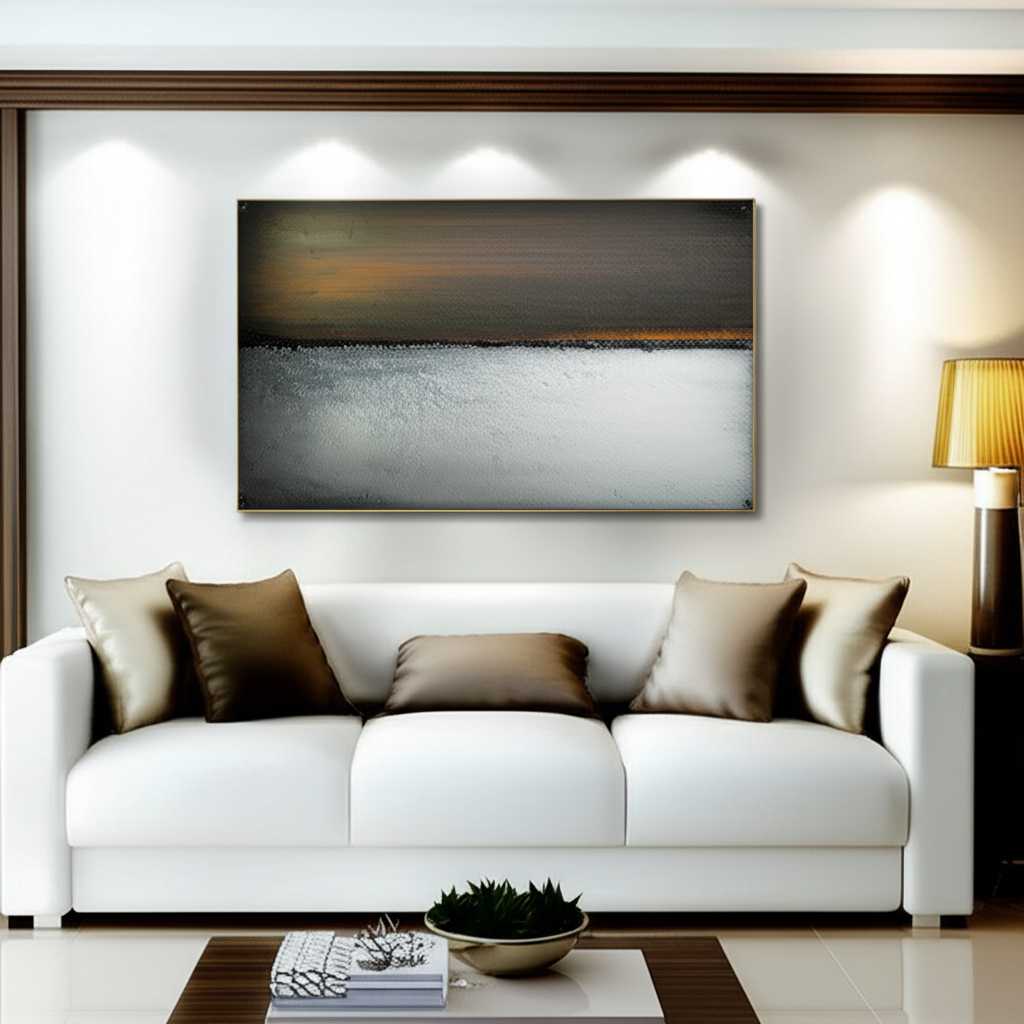 A beautifully decorated modern living room where a large, generic abstract metal art piece with a glossy finish is the clear focal point above a sofa. The art interacts with soft, ambient room lighting, and complements the neutral-toned furniture and colorful accent pillows.