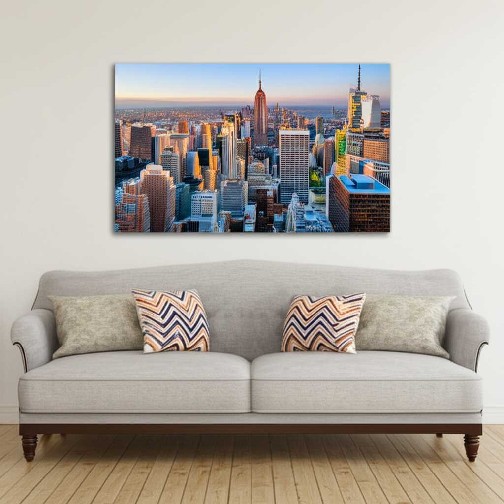 A metal print appropriately scaled above a sofa in a living room setting.