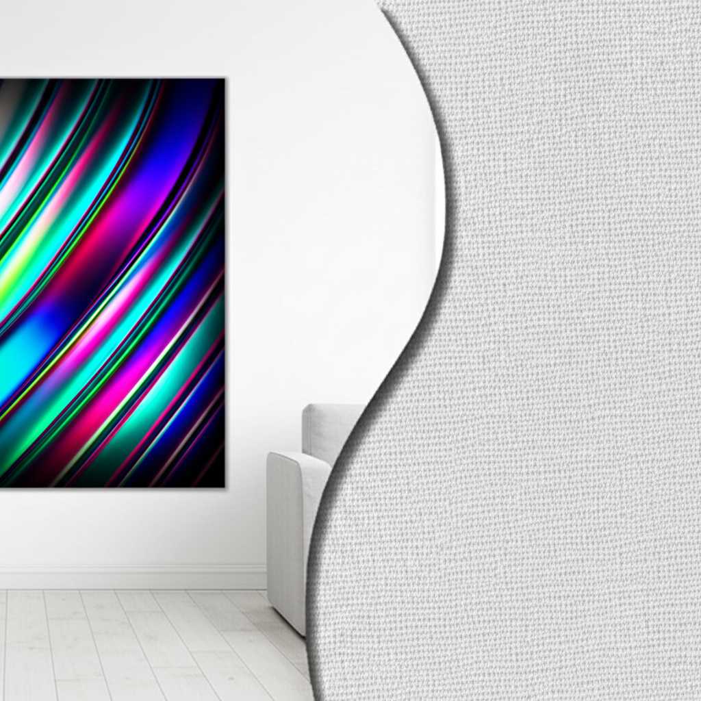 A dynamic, split-view image: one half a modern living room with a vibrant, glossy metal print; the other half a traditional room with a textured canvas print, artistically divided.
