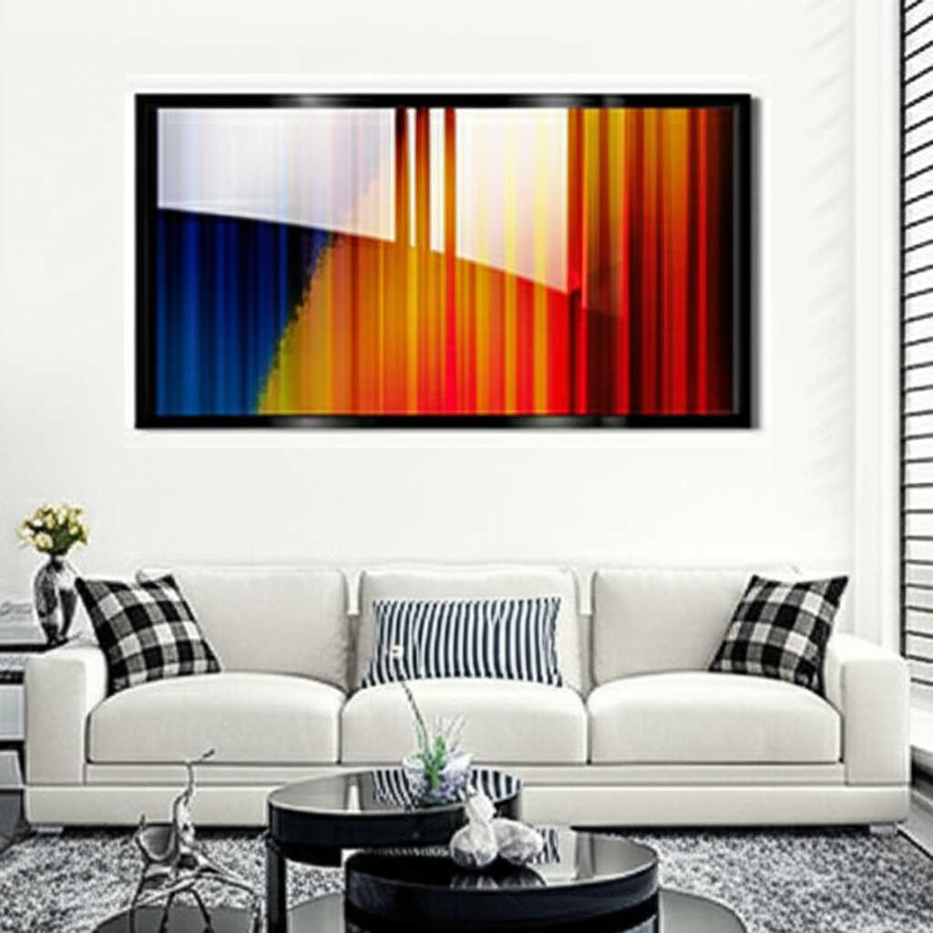 A chic modern living room where a large, vibrant abstract metal art piece hangs above a contemporary sofa, perfectly complementing the room's color scheme and minimalist furniture.
