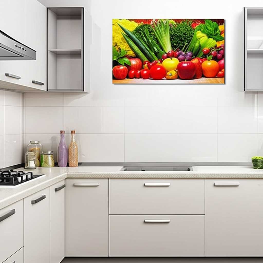 A bright, modern kitchen with white cabinets and stainless steel appliances. A colorful generic metal print featuring an abstract composition of fruits or vegetables adds a lively touch to a wall.