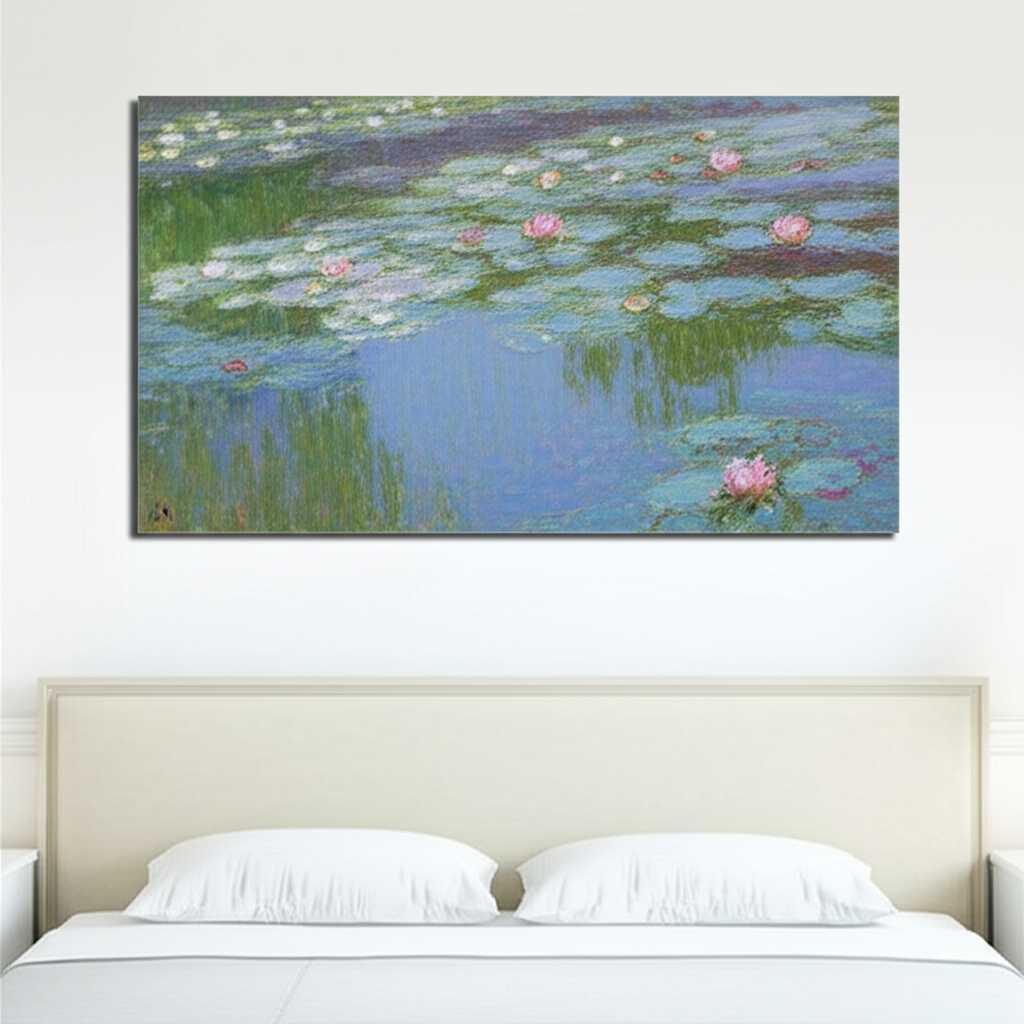A tranquil bedroom featuring a metal print of Monet-style water lilies above the headboard.