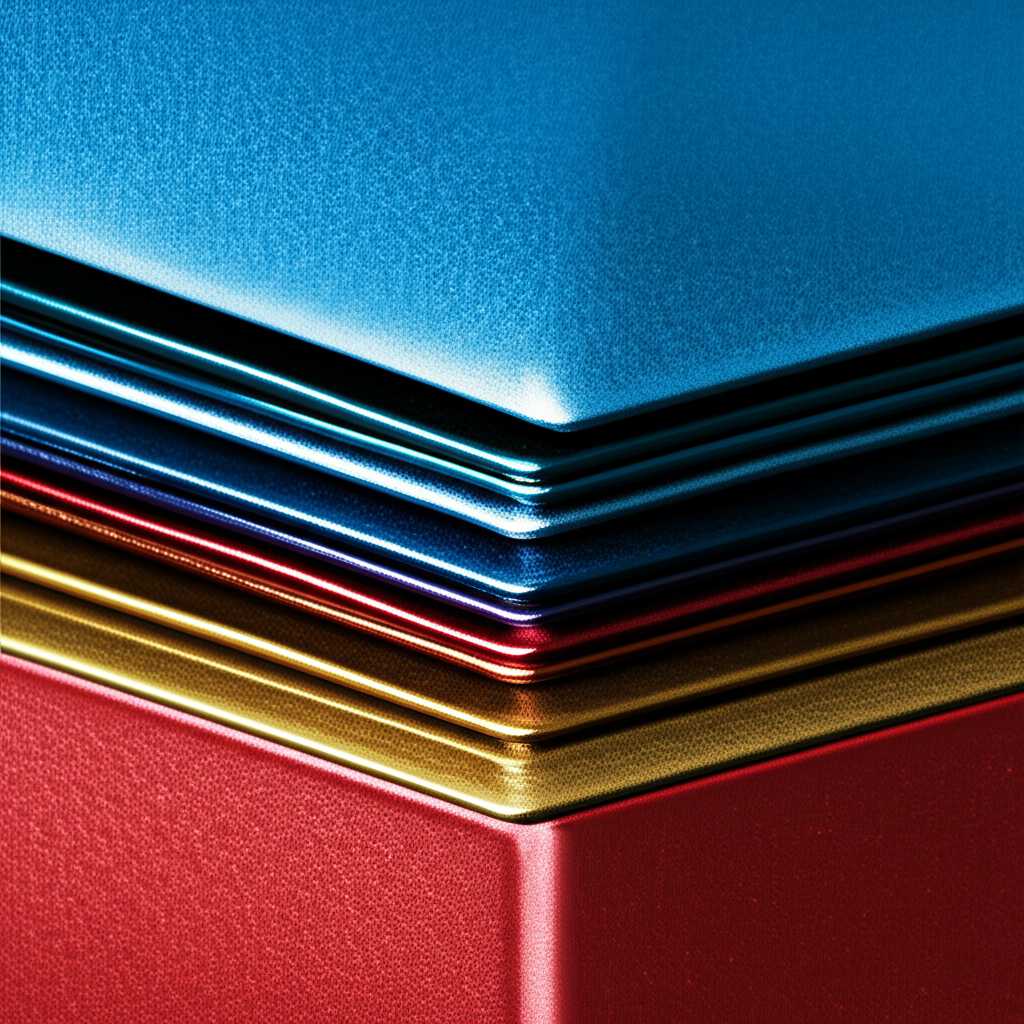 Stylized, slightly abstract image showing a conceptual cross-section of a metal print with visible layers of ink, highlighting potential texture and depth achieved through advanced printing.