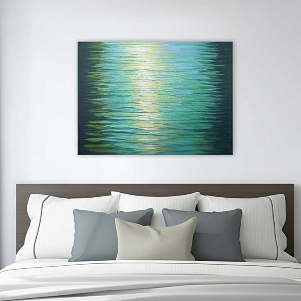 Peaceful bedroom with a calming Impressionist water scene on metal above the bed