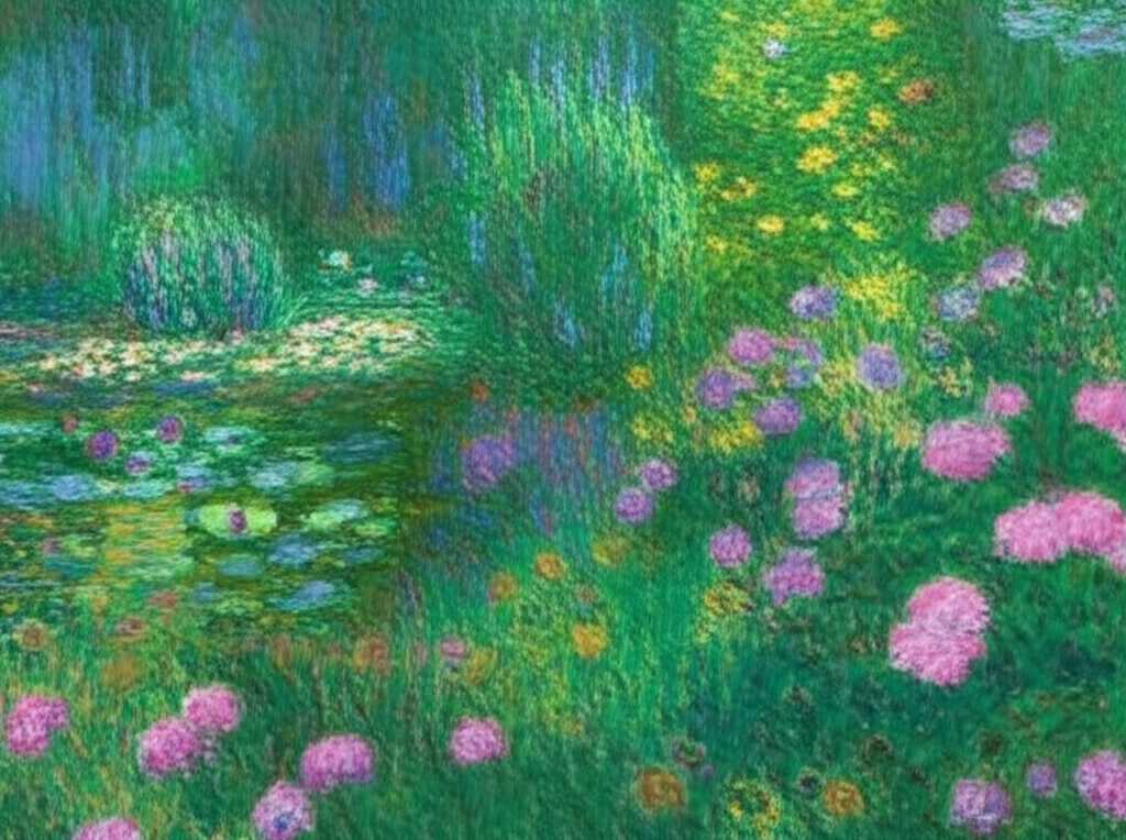 Section of an Impressionist-style painting (water lilies) on glossy metal, highlighting vibrant light effects