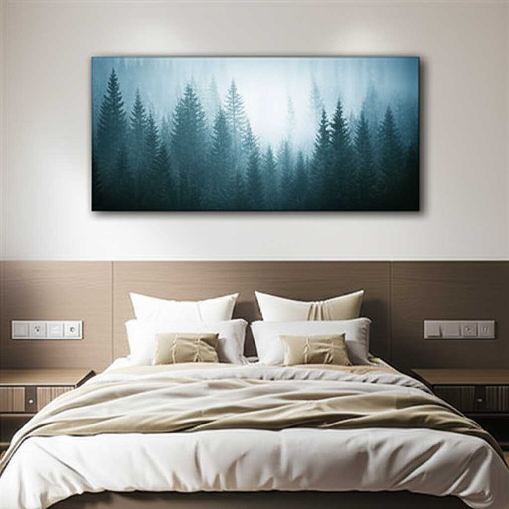 A peaceful bedroom with a large metal print of a misty forest landscape hanging above the bed, creating a serene and immersive atmosphere.