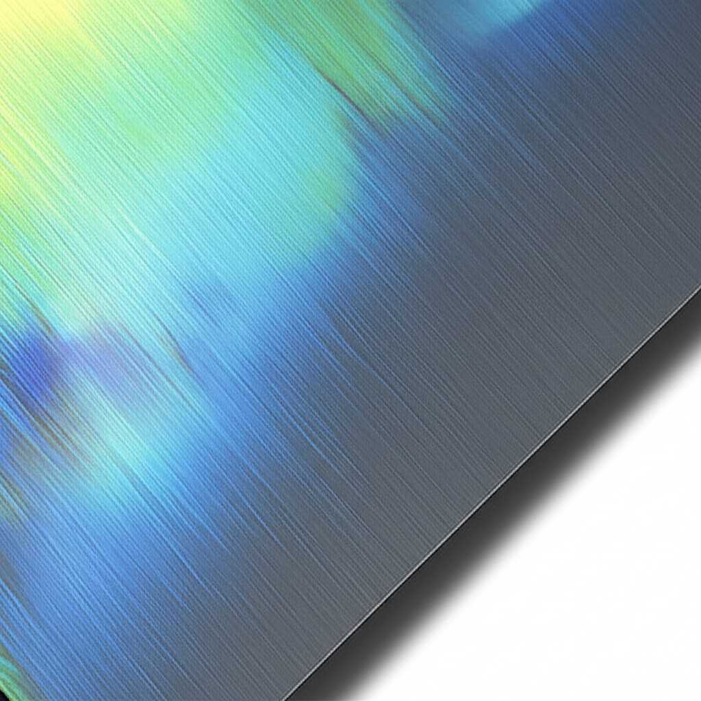 Close-up of an Impressionist-style artwork detail on a glossy metal surface showcasing vibrant color and light reflection
