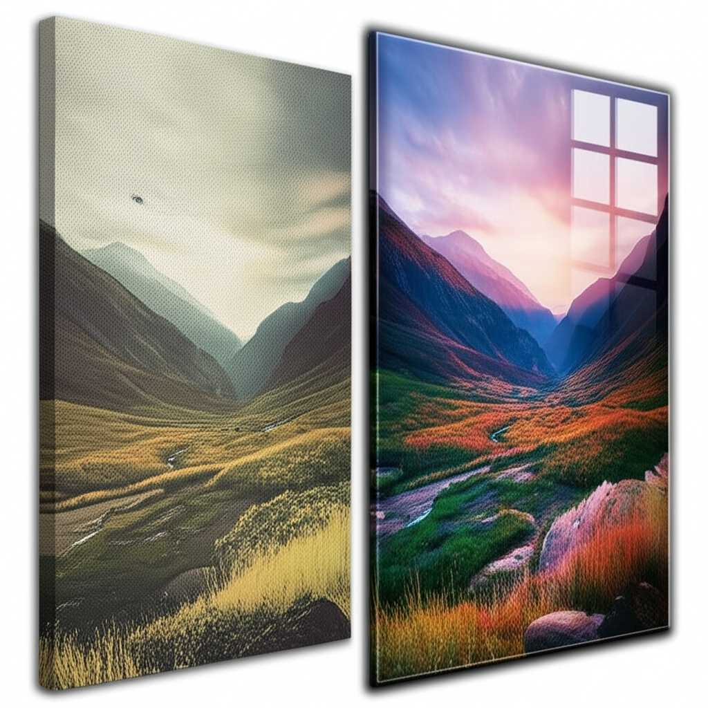 A conceptual, split-screen image. The left side shows a traditional canvas print with a soft texture and slightly muted colors. The right side shows a high-quality metal print with incredibly vibrant colors, a sharp focus, and a luxurious, glossy sheen that reflects light.
