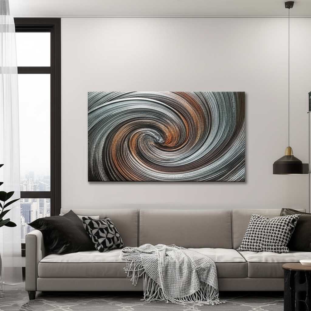 Stunning abstract metal art print as a focal point in a modern living room