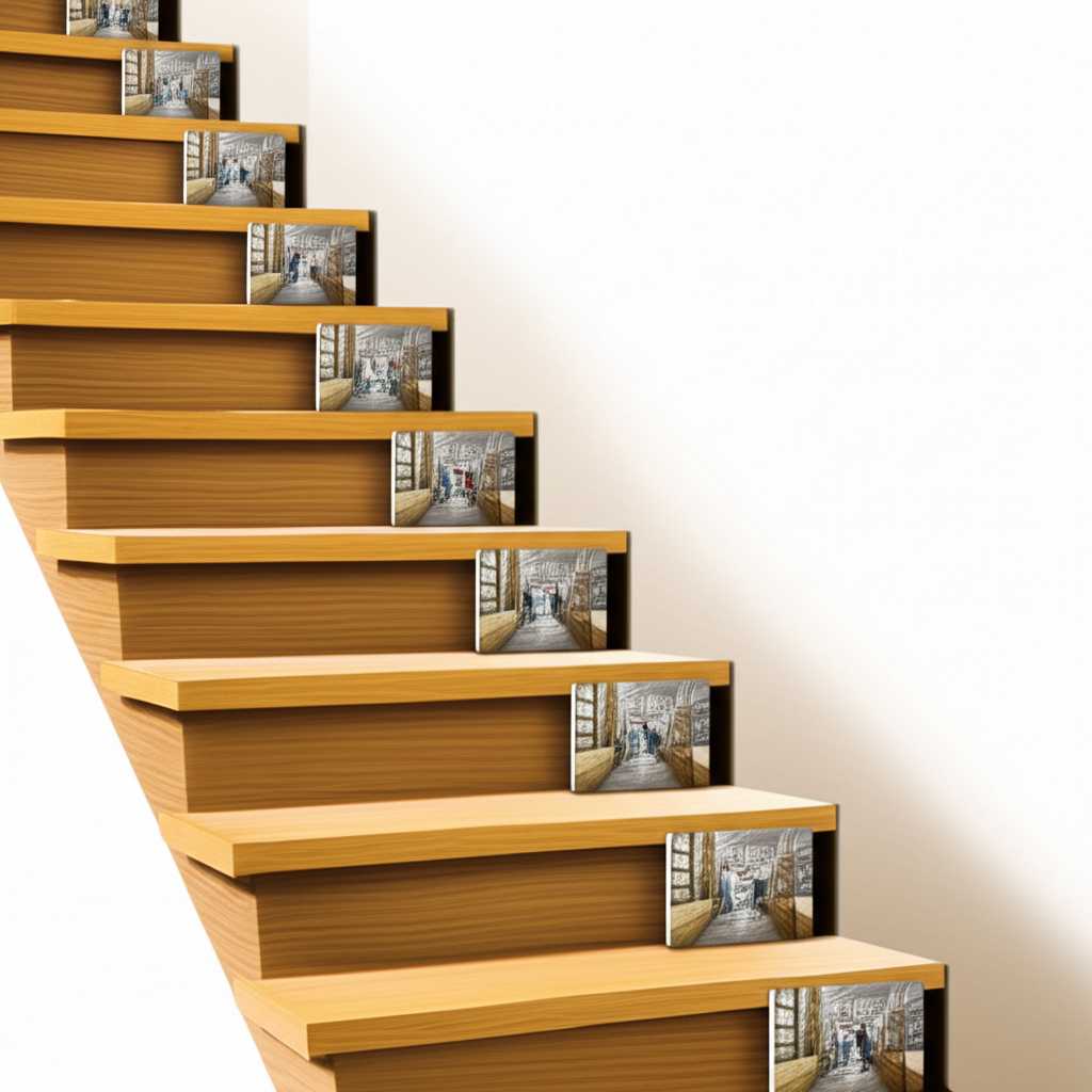 A series of framed photo prints hung diagonally up a staircase wall, following the incline of the steps perfectly.