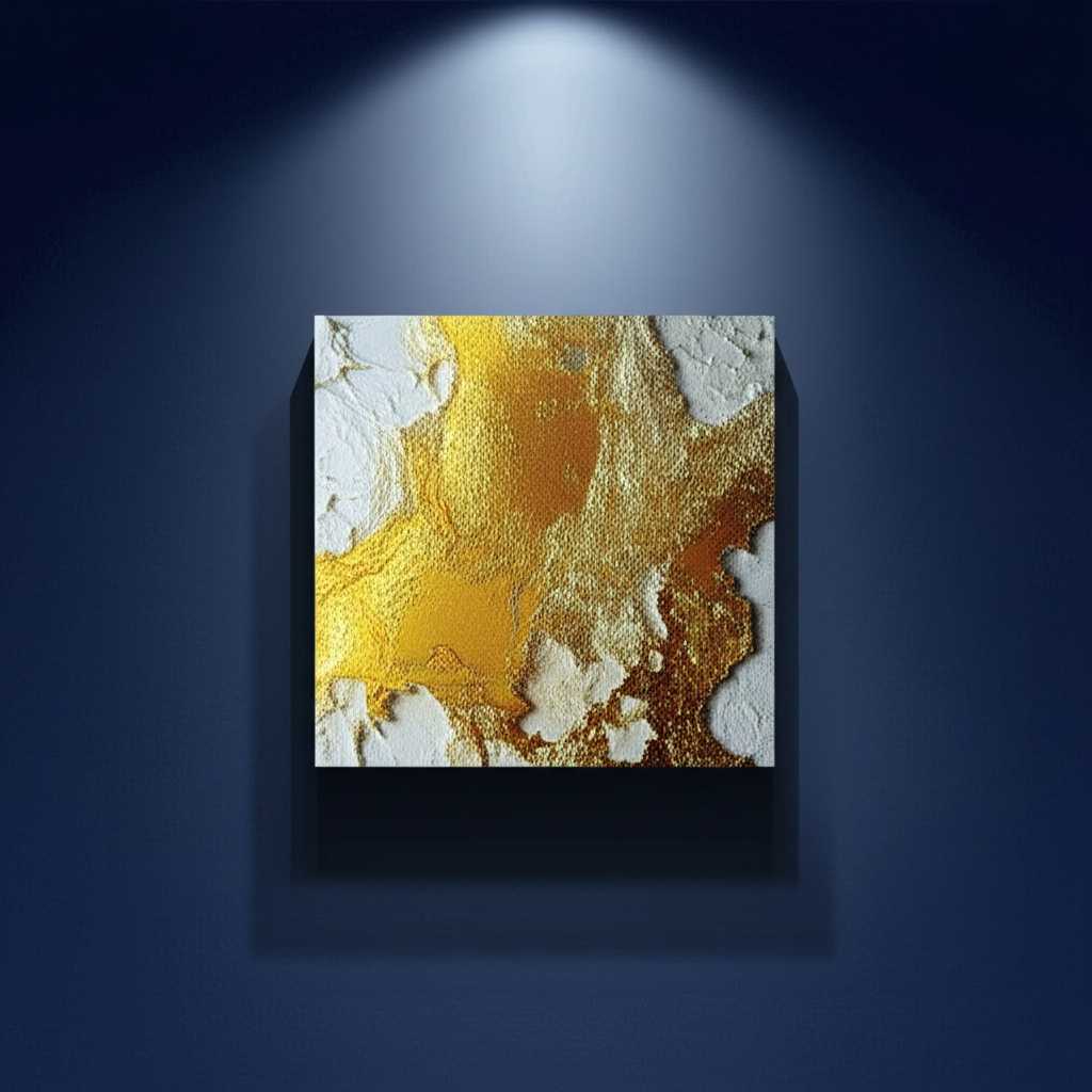 A dramatic, art-gallery-style view of a single metal print on a dark wall, illuminated perfectly by a single, focused spotlight from above.