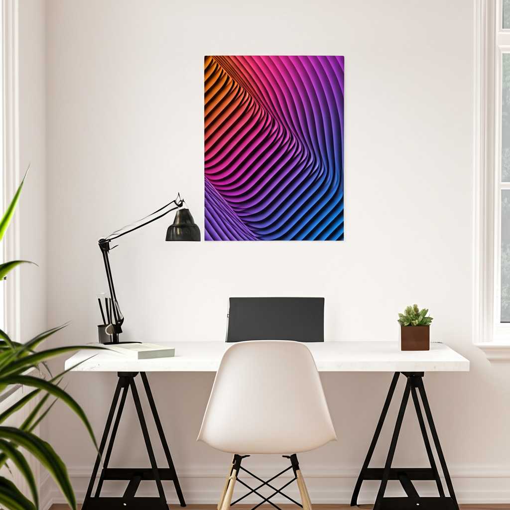 A sophisticated and organized home office. On the wall behind the desk, a generic metal print displays an inspiring abstract geometric pattern or a motivational landscape.