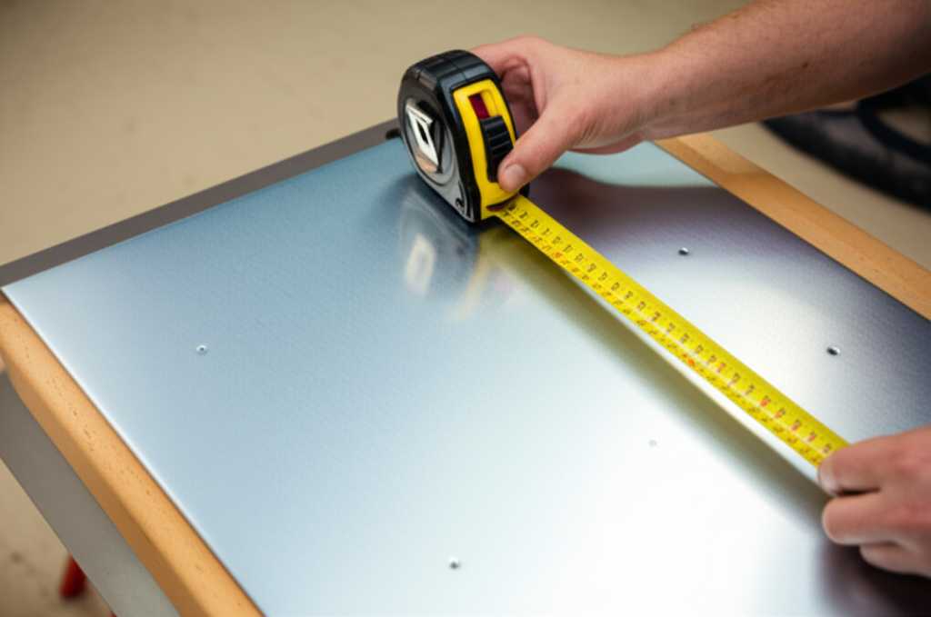 Conceptual image of a person carefully measuring the back of a generic metal panel with a focus on the hands and measuring tape.