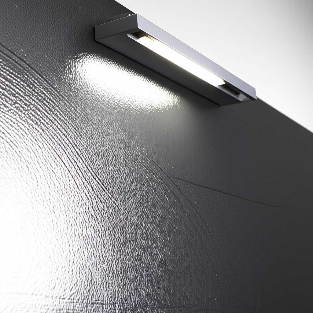 A metal art piece with a glossy, textured surface highlighted by a sleek, modern picture light mounted above it, showing how light interacts with the surface.