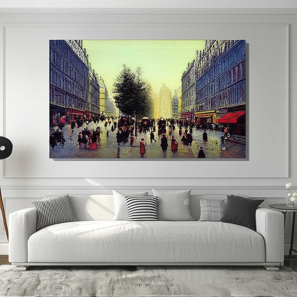 A bright living room with an Impressionist metal print of a Parisian street scene above a modern sofa.