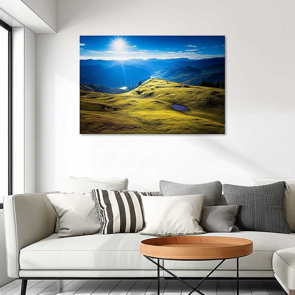 Sleek, modern living room with a large, vibrant landscape metal print as a focal point above a minimalist sofa. Natural light streams in, highlighting the print's clean lines.