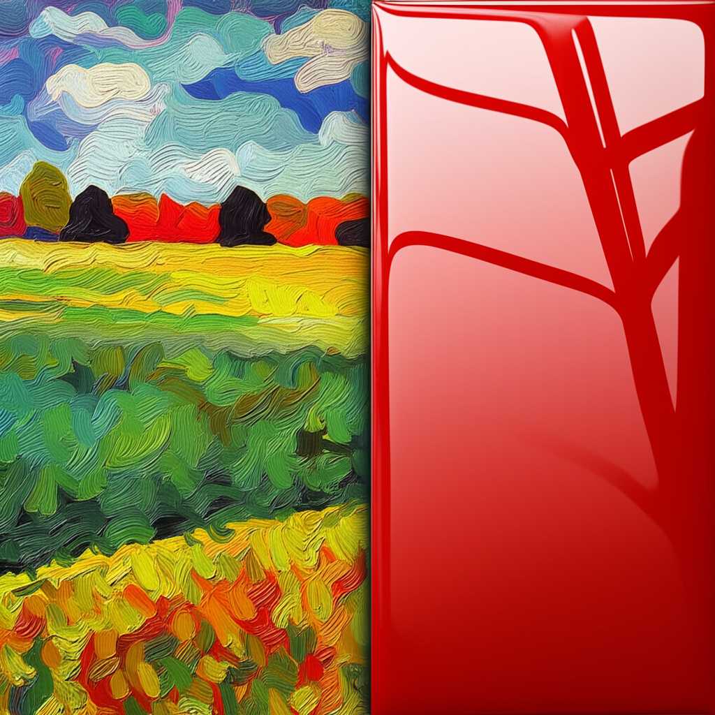 Conceptual side-by-side comparison: left side shows a softer, textured surface with Impressionistic colors (representing canvas); right side shows a sleek, highly vibrant, glossy surface with the same colors (representing metal).