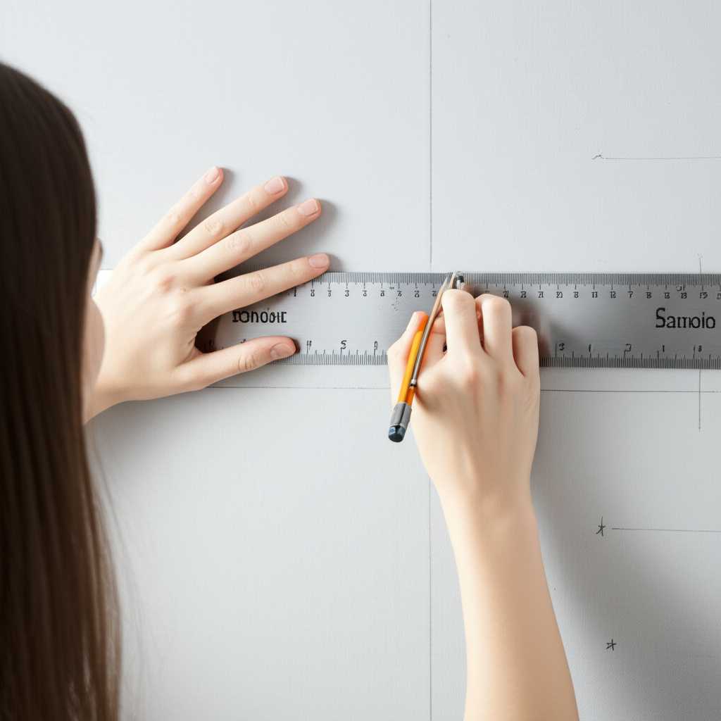 A person using a measuring tape and pencil to mark spots on a wall for hanging art, with faint grid lines drawn to guide the layout.