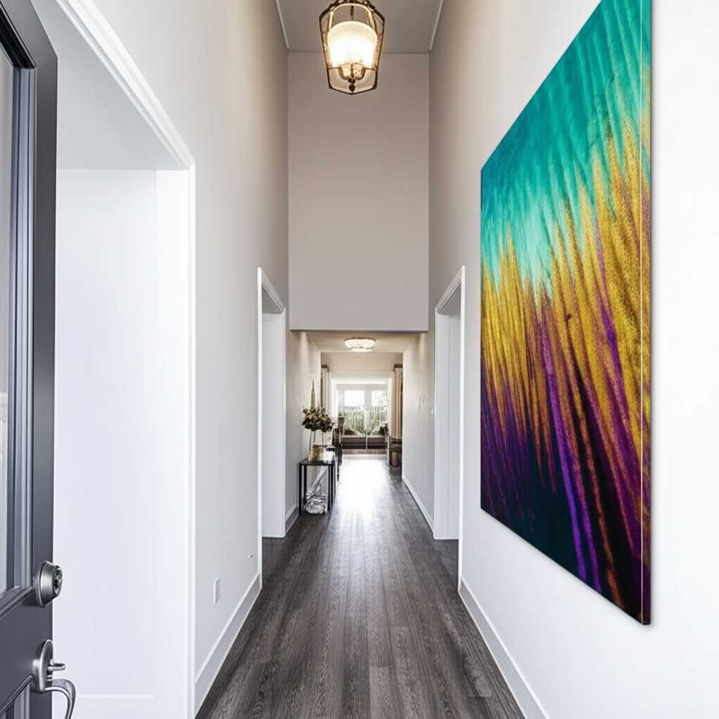 A dramatic entryway with a tall, vertical metal print making a bold first impression.