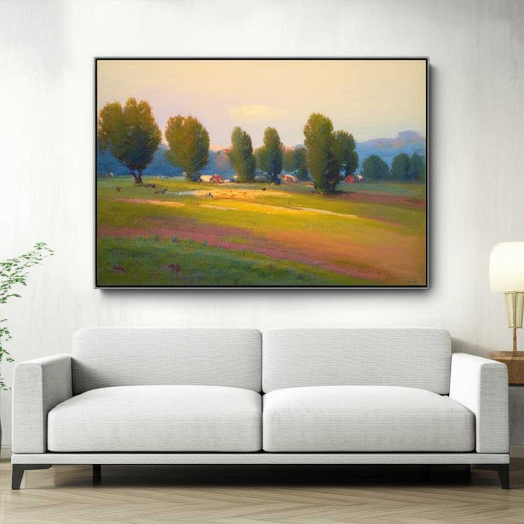 Modern interior with an Impressionist-style landscape on a metal print