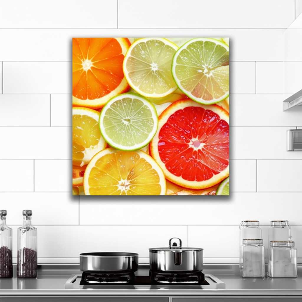 A colorful macro photo of citrus fruits on a metal print hanging in a modern, white kitchen.