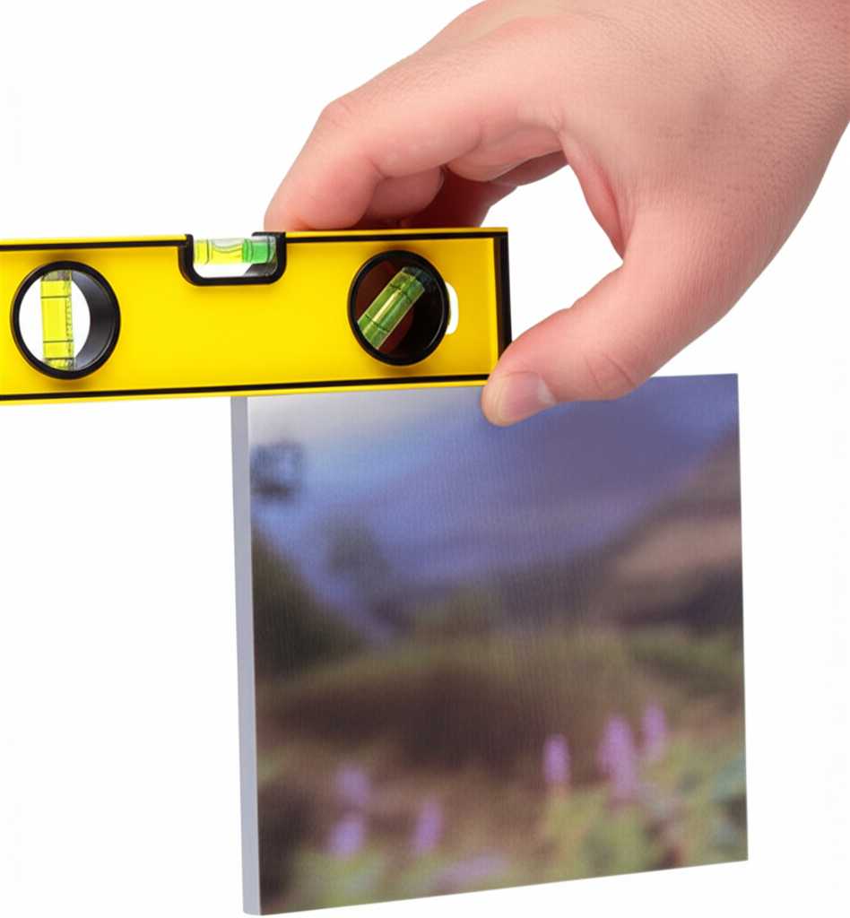 A close-up shot of a spirit level being used to check if a small, generic metal print is perfectly horizontal on a wall.