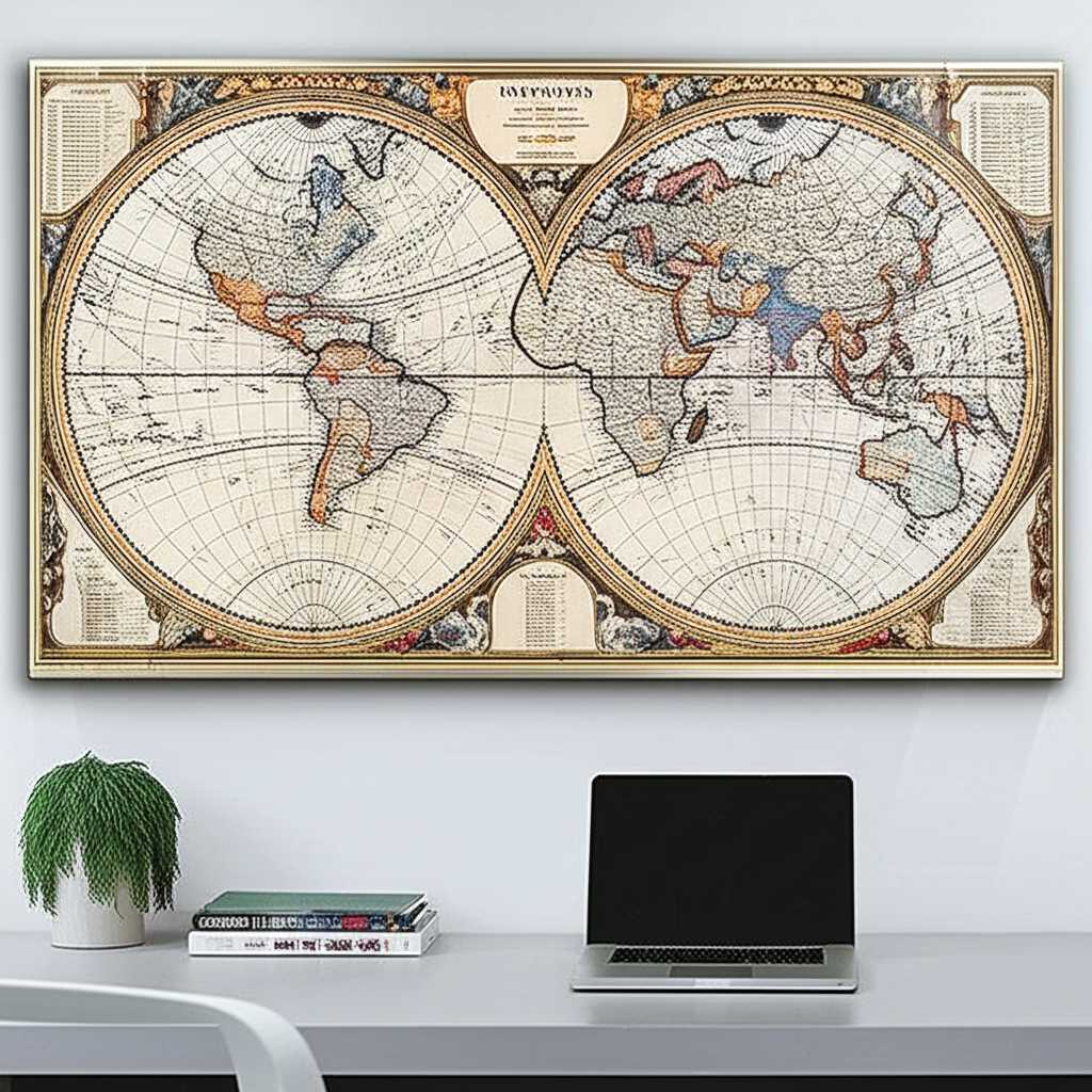 A modern home office setup with an educational historical map printed on a sleek metal panel hanging above the desk. Other decor elements are minimalist and contemporary.