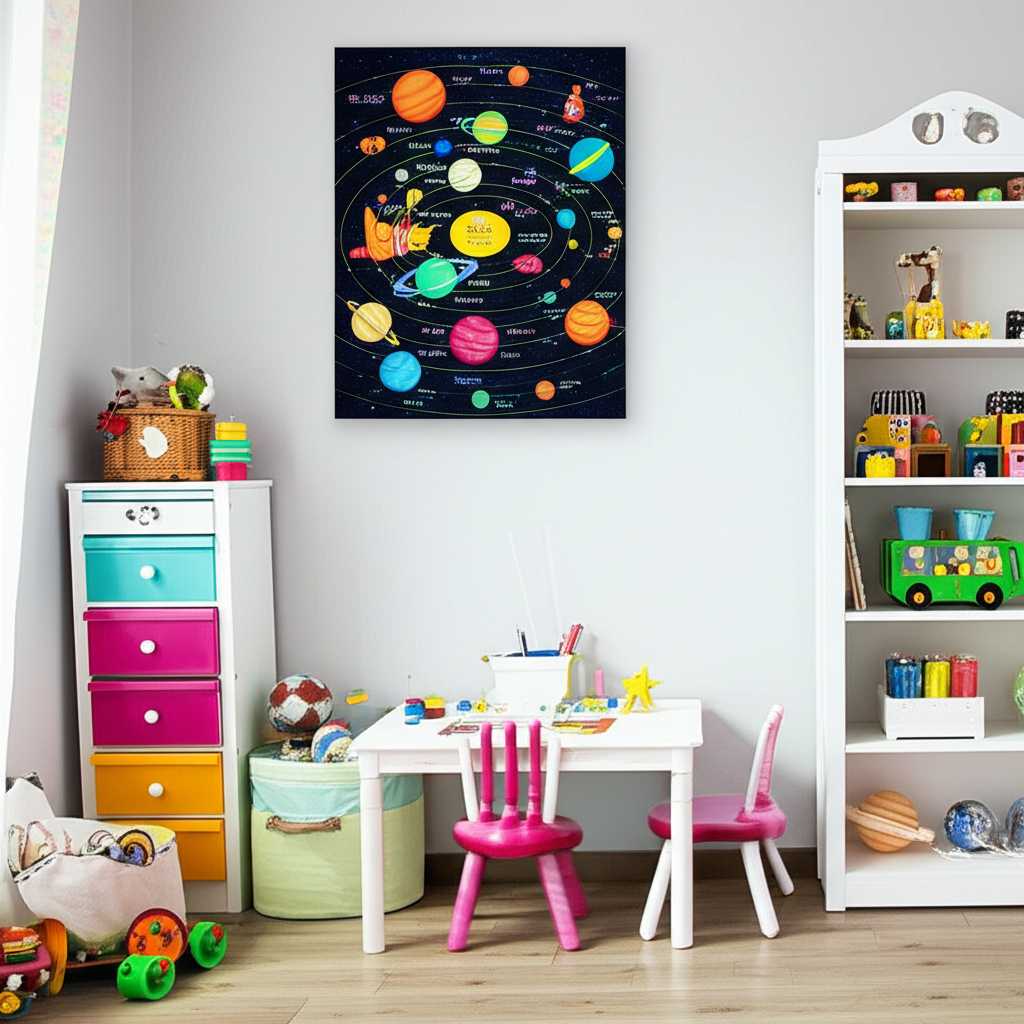 A cheerful child's room. Safely mounted high on the wall, out of reach, is a vibrant generic metal print depicting a colorful, stylized world map or friendly illustrated animals.