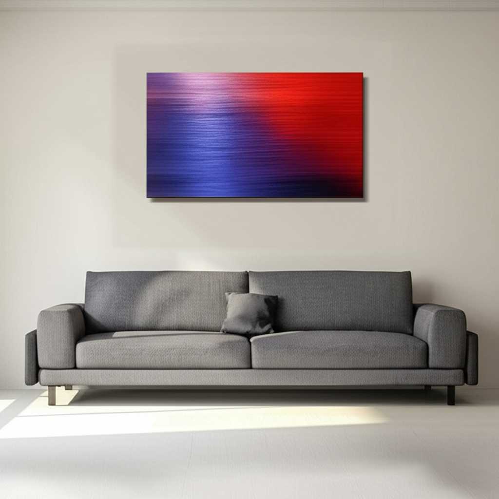 A breathtakingly beautiful living room with a large, abstract metal print hung perfectly above a sleek, low-profile sofa. Sunlight streams through a large window, catching the glossy surface of the art and creating a dynamic play of light and shadow across the room's minimalist decor.